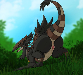 anime_style anus bell female feral genitals mount open_mouth raised_tail saddle solo tail vulva pawzzhky mythology re:zero patrasche_(re:zero) dragon mythological_creature mythological_scalie scalie