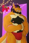 anthro beard belly body_hair bulge chest_hair clothing facial_hair fur holidays horn lights male neon nipples outline pubes pupils red_eyes slightly_chubby slightly_chubby_male slit_pupils smile solo tail text thong underwear chase_shinien christmas mythology dragon humanoid mythological_creature mythological_scalie reptile scalie absurd_res digital_media_(artwork) hi_res portrait three-quarter_portrait