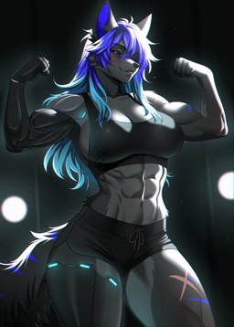 abs anthro athletic_wear bottomwear bra breasts clothing female flexing flexing_bicep flexing_both_biceps muscular muscular_anthro muscular_female prosthetic prosthetic_arm prosthetic_leg prosthetic_limb shorts solo sports_bra sportswear underwear agrixxx canid canine canis mammal wolf absurd_res hi_res trans_(lore) trans_woman_(lore)