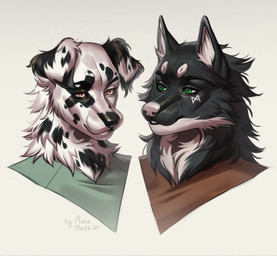anthro black_body black_fur black_nose cheek_tuft clothed clothing duo facial_tuft fur glistening glistening_eyes green_eyes male male_anthro mouth_closed neck_tuft orange_eyes simple_background tuft white_background white_body white_fur marie_merkh ulfgeirr_lindberg canid canine canis domestic_dog mammal 2024 bust_portrait dated portrait