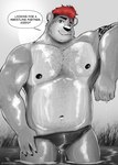 anthro bulge clothing dialogue hair humanoid_hands male musclegut muscular navel nipples outside red_hair solo text underwear water wet husky92 nastybearz husky_(husky92) bear mammal 2021 absurd_res english_text hi_res