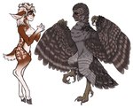 anthro antlers brown_eyes claws duo female full-body fur hooves horn markings spots spotted_body spotted_fur tail winged_arms wings zeryxis avian barred_owl bird birdfolk cervine deer fallow_deer humanoid mammal owl strix_(genus) true_owl hi_res