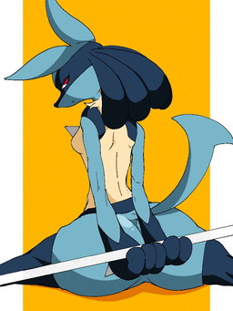 anthro blue_body blue_fur border breasts butt chest_spike eyelashes female flexible fur holding_object looking_at_viewer looking_back medium_breasts rear_view red_eyes simple_background solo spikes spikes_(anatomy) splits spread_legs spreading white_border yellow_background yellow_body yellow_fur sixtytenfist nintendo pokemon canid generation_4_pokemon lucario mammal pokemon_(species) 3:4 aliasing digital_media_(artwork)