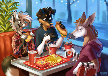 anthro beverage burger chair clothed clothing ear_piercing female food fries fur furniture group hair horn male ossicone piercing restaurant sandwich_(food) soda table window multyashka-sweet border_collie canid canine canis collie domestic_dog giraffid herding_dog mammal okapi pastoral_dog sheepdog wolf 2018 digital_media_(artwork)