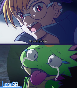 angry anthro bodily_fluids crying duo green_body hair humor male multicolored_hair tears text tongue tongue_out leonsr bandai_namco digimon tomoro_tenma digimon_(species) gekkomon human mammal scalie comic spanish_text translated