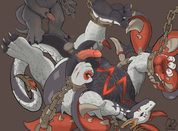 3_toes anthro blue_eyes blush bodily_fluids bound chain chained claws duo erection feet feral genital_fluids horn male male/male muscular muscular_male object_in_ass precum size_difference tail toes claw_skin dragon_village mythology dragon mythological_creature mythological_scalie scalie hi_res tagme