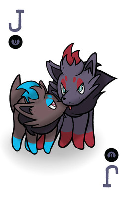 ambiguous_gender card duo face_lick licking looking_at_viewer playing_card tongue blubbs.y nintendo pokemon generation_5_pokemon pokemon_(species) shiny_pokemon zorua 9:14 sibling_(lore)