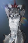 animal_genitalia anthro arms_above_head arms_tied balls bdsm blue_eyes blush blush_lines bodily_fluids bondage bound canid canine canis chest_tuft cum cum_on_belly cum_on_body cum_on_chest cum_on_face cum_on_leg cum_on_muzzle eyes_closed fur genital_fluids genitals gradient_background grey_body grey_fur hair hi_res lens_flare looking_at_viewer male mammal mouth_closed navel nude penis poking_out poking_penis questionable_consent raised_arms restraints rope rope_bondage sheath simple_background solo stampmats standing tail tuft wolf