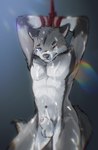 animal_genitalia anthro arms_above_head arms_tied balls bdsm blue_eyes blush blush_lines bodily_fluids bondage bound chest_tuft cum cum_on_belly cum_on_body cum_on_chest cum_on_face cum_on_leg cum_on_muzzle eyes_closed fur genital_fluids genitals gradient_background grey_body grey_fur hair lens_flare looking_at_viewer male mouth_closed navel nude penis penis_poking_out poking_penis questionable_consent raised_arms restraints rope rope_bondage sheath simple_background solo standing tail tuft stampmats canid canine canis mammal wolf hi_res