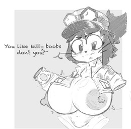 anthro arm_cannon big_breasts breasts female nipples ranged_weapon solo text weapon weapon_arm badartist gameoverse glitch_productions kit_bodega felid feline mammal english_text hi_res monochrome