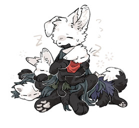 ambiguous_gender anthro black_body black_fur black_nose cloak clothed clothing eyes_closed fluffy fluffy_tail fur group holding_another inner_ear_fluff lying motion_lines on_front on_ground on_side open_mouth open_smile pawpads paws red_clothing sharp_teeth simple_background sitting sleeping smile tail teeth tongue tuft white_background white_body white_fur aaasakawa hollow_knight_(franchise) team_cherry broken_vessel_(hollow_knight) hornet_(hollow_knight) canid canine felid feline mammal 2026 hi_res female_(lore) half_sister_(lore) sibling_(lore) sister_(lore)