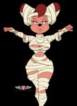 anthro blue_eyes breasts clothing costume female hair looking_at_viewer mature_anthro mature_female mummy_costume mummy_wrappings nipple_slip nipples red_hair smile solo thick_thighs chadrocco phillipthe2 disney goof_troop peg_pete canid canine mammal alpha_channel hi_res