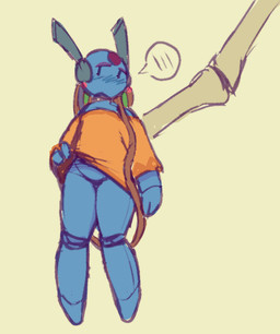black_eyes blue_body blush blush_lines bottomless clothed clothing featureless_crotch featureless_feet feet female forehead_gem front_view gem machine orange_clothing orange_topwear simple_background solo thick_thighs topwear wide_hips yellow_background pulsatingmasochist rain_world videocult looks_to_the_moon_(rain_world) humanoid iterator_(rain_world) robot robot_humanoid