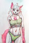 anthro female fluffy hair paws pink_body pink_eyes slim solo standing tail white_body white_hair goodgudvin yoki_j_(yj) canid canine fox mammal absurd_res hi_res