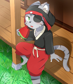 5_fingers anthro chest_tuft digitigrade eye_patch eyewear fingers food fruit fur green_eyes grey_body grey_fur male melon open_mouth outside plant sitting solo striped_body striped_fur stripes tuft watermelon watermelon_slice kemoizumi bemani konami pop'n_music kagetora_(pop'n_music) domestic_cat felid feline felis mammal 2012 hi_res