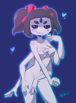 6_arms anthro black_eyes black_hair blush breasts female hair heart_symbol multi_arm multi_limb nude purple_body purple_skin simple_background smile solo nekuzx undertale undertale_(series) muffet arachnid arthropod spider signature