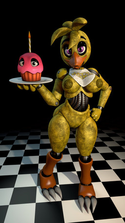 3_toes 4_fingers ambiguous_gender anthro areola barely_visible_genitalia barely_visible_vulva beak bib big_breasts breasts checkered checkered_floor claws dark_areola dark_nipples duo eyebrows feet female fingers food genitals hand_on_hip holding_plate looking_at_viewer machine nipples non-mammal_breasts non-mammal_nipples purple_eyes sharp_teeth teeth toe_claws toes vulva wide_hips yellow_body octal octal_(modeler) five_nights_at_freddy's scottgames chica_(fnaf) classic_chica_(fnaf) cupcake_(fnaf) animatronic avian bird chicken food_creature galliform phasianid robot robot_anthro 2025 3d_(artwork) 9:16 digital_media_(artwork) full-length_portrait hi_res portrait