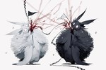 anthro black_body black_fur blood blood_splatter bodily_fluids decapitation duo empty_eyes flag flag_(object) fluffy fur gore hi_res kamikiri_t long_ears semi-anthro slit_throat snuff unknown_species white_body white_eyes white_fur wings