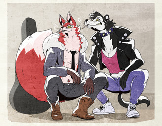 accessory anthro boots bottomwear cigarette cigarette_in_mouth cigarette_smoke clenched_teeth clothed clothing collar crouching duo ear_piercing fangs footwear fur gloves guitar_case hair half-closed_eyes handwear inner_ear_fluff jacket leather leather_clothing leather_jacket leather_topwear male narrowed_eyes navel navel_piercing necktie object_in_mouth open_clothing open_jacket open_topwear pants piercing shirt shoes smile smoke spiked_collar spikes tail tank_top teeth topwear tuft whiskers reagan700 damian_(reagan700) louis_velvet canid canine fox mammal mustelid musteline true_musteline weasel 2026 hi_res