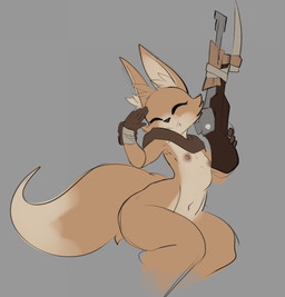 anthro areola bottomless clothed clothing eyes_closed female flat_chested fluffy fluffy_tail fur gesture gloves grey_background gun handwear holding_gun holding_object holding_ranged_weapon holding_weapon inner_ear_fluff looking_at_viewer mostly_nude navel nipples nude ranged_weapon salute scarf simple_background sitting smile smiling_at_viewer solo tail tan_body tan_fur tasteful_nudity tuft weapon aggressykhressy gunfire_reborn bandit_hermit_(gunfire_reborn) canid canine fox mammal 2021 hi_res portrait three-quarter_portrait
