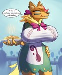 anthro big_breasts breasts clothing dialogue ear_piercing ear_ring fangs female food fur looking_at_viewer multi_eye piercing ring_(jewelry) ring_piercing solo tail teeth waiter wide_hips yellow_body yellow_fur cro-iba belen_(cro-iba) canid canine canis canonine mammal wolf