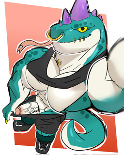 abs anthro biceps black_bottomwear black_clothing black_footwear black_shirt black_shoes black_shorts black_topwear bottomwear bottomwear_pull clothed clothing clothing_pull erection facial_piercing footwear genitals green_body green_scales head_spikes humanoid_genitalia humanoid_penis looking_at_viewer male mouth_piercing muscular muscular_anthro muscular_male neck_piercing nose_piercing pecs penis piercing purple_spikes scales shirt shoes shorts shorts_pull solo spikes spikes_(anatomy) tail tongue tongue_out tongue_piercing topwear vein veiny_penis yellow_sclera demondragoncyan goat_(movie) sony_corporation sony_pictures modo_olachenko komodo_dragon lizard monitor_lizard reptile scalie 2026 digital_media_(artwork) hi_res