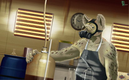anthro blue_eyes chemical_vessel chemistry clock detailed_background drugs erlenmeyer_flask fur gas_mask inside laboratory_equipment laboratory_glassware male markings mask multicolored_body multicolored_fur parody science scientific_instrument solo spots spotted_body spotted_fur yellow_body yellow_fur tall_lizzard breaking_bad walter_white hyena mammal spotted_hyena 2018 digital_media_(artwork) hi_res