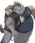 anthro belly big_belly blush bottomwear clothing duo eyewear glasses groping_from_behind humanoid_hands kemono male moob_grab overweight overweight_male pants shirt simple_background topwear white_background train_(artist) hyena mammal 2022 hi_res