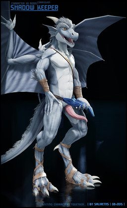 3_toes abs animal_genitalia animal_penis anthro biped bodily_fluids bottomwear cetacean_genitalia cetacean_penis claws clothed clothing digitigrade dripping erection facial_hair feet genital_fluids genital_slit genitals grey_body grey_scales grin hair horn legwear loincloth looking_at_viewer male membrane_(anatomy) membranous_wings muscular muscular_anthro muscular_male open_mouth pecs penis pose precum presenting scales sharp_teeth simple_background smile solo spread_wings standing tail tapering_penis teeth text toe_claws toes tongue tongue_out wings wristband yellow_eyes salireths mythology shadowkeeper dragon lizard mythological_creature mythological_scalie reptile scalie 2015 3d_(artwork) digital_media_(artwork) english_text hi_res model_sheet