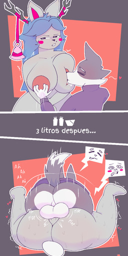 anthro balls bell big_balls big_breasts big_butt black_body black_eyes black_fur blue_hair blush breast_play breast_squish breast_suck breasts butt clothed clothed/nude clothed_male clothing dizzy_eyes duo eyes_closed female from_front_position fur genitals grey_body grey_fur hair heart_after_text heart_symbol holding_breast horn huge_breasts huge_butt looking_away male male/female mating_press milk nude purple_clothing sex size_difference squish sucking suds text thick_thighs white_body white_fur toasterstealer panke_(sr_pankekes) canid canine canis hybrid lagomorph leporid mammal rabbit wolf wolfdog character_request hi_res spanish_text translated