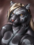 anthro black_body black_fur blonde_hair fur grey_stripes hair long_hair male markings solo stripes whisker_markings yellow_eyes karabiner onmyou_taisenki rangetsu_(onmyou_taisenki) felid mammal pantherine tiger 2005 hi_res