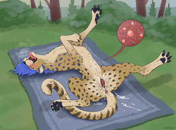 after_sex after_vaginal animal_genitalia animal_vulva anus black_pawpads blue_hair blush bodily_fluids claws cum cum_drip cum_in_vagina cum_inside cum_on_belly cum_on_body dripping feet feline_genitalia feline_vulva female female_feral feral feral_with_hair fur genital_fluids genitals hair impregnation leaking_cum lying markings multi_nipple multiple_ova nature nipples on_back open_mouth outside ovum pawpads picnic_blanket solo sperm_cell spots spotted_body spotted_fur spread_legs spreading tail tail_anus toe_claws tongue tongue_out vulva yellow_body yellow_fur digitoxici bluebonnet cheetah felid feline mammal hi_res