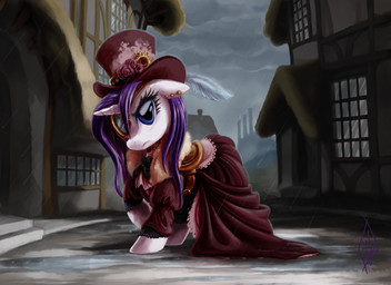 alternative_fashion blue_eyes clothed clothed_feral clothing dress ear_piercing eyelashes eyewear female feral glistening glistening_eyes hair hat headgear headwear hooves horn looking_at_viewer monocle piercing pupils quadruped raining solo steampunk street tail top_hat wet_hair white_body whitediamonds friendship_is_magic hasbro my_little_pony mythology rarity_(mlp) equid equine mammal mythological_creature mythological_equine unicorn 2012 hi_res