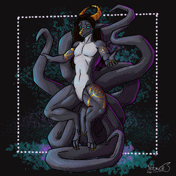 anthro blue_eyes brown_hair entwined_tails golden_markings grey_body hair horn long_hair male male_anthro nails sitting skinny slim tail tail_coil nebula_goldenstar mythology dragon mythological_creature mythological_scalie scalie 1:1 absurd_res hi_res