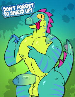 anthro areola balls big_balls big_muscles big_penis condom condom_on_face condom_on_tail erection genitals gesture glans hand_gesture holding_condom holding_object humanoid_genitalia humanoid_penis looking_at_viewer male muscular muscular_anthro muscular_male nipples non-mammal_balls non-mammal_nipples nude open_mouth open_smile pecs penis pointing public_service_announcement sexual_barrier_device simple_background smile solo standing text thick_penis thick_thighs tongue tongue_out toony wearing_condom janjauwu epic_games fortnite lizzik_(fortnite) lizard reptile scalie 2025 english_text hi_res reaction_image