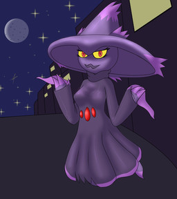 clothed clothing dress female gem hat headgear headwear levitation looking_at_viewer moon night not_furry outside purple_body purple_clothing purple_hat purple_headwear solo star witch_hat kirlia_furtive nintendo pokemon generation_4_pokemon ghost humanoid mismagius pokemon_(species) spirit hi_res