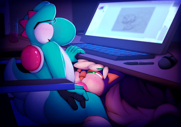 blush bodily_fluids butt duo erection eyewear feral fluffy genitals glasses interspecies looking_pleasured male male/male oral pencil_(object) penis saliva tapering_penis thick_thighs under_table visionaryserpent mario_bros nintendo pokemon floofy_(floofyskuntank) jacob_(yoshi) generation_4_pokemon green_yoshi mammal pokemon_(species) reptile scalie skuntank yoshi 2020 hi_res