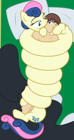 bed blue_eyes coiling cuddling cutie_mark duo female furniture long_body lying male nuzzling pillow scrunchy_muzzle badumsquish friendship_is_magic hasbro my_little_pony anon bonbon_(mlp) generic_messy_hair_anime_anon earth_pony equid equine horse human mammal pony 2015 absurd_res hi_res