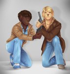 afro alternate_species anthro blonde_hair blue_bottomwear blue_clothing blue_jeans blue_pants bottomwear brown_body brown_eyes brown_fur brown_hair clothed clothing denim denim_bottomwear denim_clothing duo footwear fur furrification gun hair handgun holding_gun holding_handgun holding_object holding_pistol holding_ranged_weapon holding_revolver holding_weapon jacket jeans kneeling looking_at_viewer male on_one_knee pants pistol ranged_weapon revolver shirt shoes simple_background tan_body tan_fur topwear trigger_discipline weapon yellow_body yellow_fur jakinsstudio starsky_and_hutch hutch starsky bird_dog canid canine canis domestic_dog golden_retriever hunting_dog labrador mammal retriever hi_res