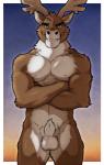 abs animal_genitalia anthro antlers balls biceps brown_body brown_fur crossed_arms fully_sheathed fur genitals green_eyes horn male muscular muscular_anthro muscular_male nipples nude pecs sheath smile solo teeth white_body white_fur aluminemsiren ruxley deer mammal hi_res