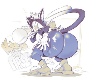 anthro big_butt biped bottomless bubble_butt butt butt_focus butt_slap cape cat_tail clothed clothing crown footwear gloves handwear head_tuft headgear huge_butt kiss_my_ass looking_at_viewer male male_anthro megaphone motion_lines open_mouth rear_view shoes shortstack shortstack_male simple_background slap solo spanking spanking_self taunting teeth text thick_thighs tuft whiskers white_clothing white_gloves white_handwear submarine_screw celtic_mythology european_mythology final_fantasy final_fantasy_vii mythology square_enix cait_sith_(ff7) cat-sith domestic_cat felid feline felis mammal 2024 digital_media_(artwork) hi_res