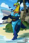 anthro bongo_drum drum female island looking_at_viewer musical_instrument open_mouth percussion_instrument solo standing tropical omny87 avian bird keel-billed_toucan ramphastos toucan hi_res