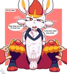 anthro balls bedroom_eyes black_body black_fur bodily_fluids buckteeth butt chest_tuft clothing duo fingerless_gloves first_person_view front_view fur genitals gloves hair half-closed_eyes handwear long_ears male male/male multicolored_body multicolored_fur narrowed_eyes penis presenting red_body red_clothing red_eyes red_fingerless_gloves red_fur red_gloves red_hair red_handwear red_nose seductive sitting sweat teeth text text_box tired tongue tuft white_body white_ears white_fur white_tuft karikhuri nintendo pokemon cinderace generation_8_pokemon pokemon_(species) 2025 artist_name digital_media_(artwork) english_text