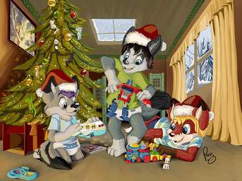 anthro black_hair black_nose blonde_hair blue_bottomwear blue_clothing blue_eyes blue_pants blue_shirt blue_t-shirt blue_topwear bottomwear christmas_clothing christmas_headwear christmas_tree clothed clothing curtains diaper fur glistening glistening_eyes green_clothing green_shirt green_t-shirt green_topwear grey_body grey_fur group hair happy hat headgear headwear holding_object holding_toy holidays inside kneeling male open_mouth open_smile pants pattern_clothing pattern_topwear plant playing purple_hair red_clothing red_hat red_headwear santa_hat shirt short_hair smile snow snowing standing striped_clothing striped_topwear stripes t-shirt topwear toy toy_plane tree trio wearing_diaper white_body white_diaper white_fur window young young_anthro young_male pandapaco christmas hasbro takara_tomy transformers canid canine mammal
