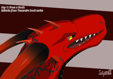 female feral horn looking_at_viewer looking_back pattern_background red_body simple_background snarling teeth_showing text yellow_eyes sayeth european_mythology mythology temeraire_(series) iskierka dragon mythological_creature mythological_scalie scalie western_dragon english_text shaded simple_shading