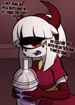 1_eye accessory armwear beverage clothing container dialogue dress elbow_gloves fake_horns female freckled_face freckles gloves hair hair_accessory hairband handwear holding_beverage holding_container holding_object horned_hairband not_furry purple_liquid red_armwear red_clothing red_dress red_elbow_gloves red_eyes red_gloves red_handwear short_hair solo talking_to_viewer text white_hair barryfactory grimace_shake mcdonald's suzie_(barryfactory) cyclops demon humanoid 2023 absurd_res english_text half-length_portrait hi_res meme portrait