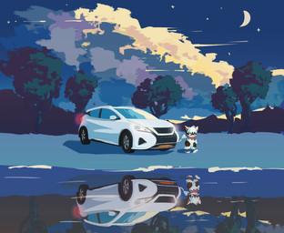ambiguous_gender anthro beach car crescent_moon detailed_background duo glistening kemono machine moon night outside reflection vehicle walking water water_reflection eibvdy canid canine living_car living_machine living_vehicle mammal hi_res