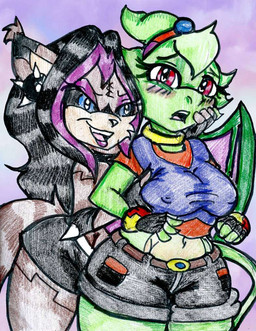 accessory alternative_fashion anthro aroused bangs black_hair black_sclera blue_eyes blush bottomwear breast_grab breasts brown_body cargo_shorts clothing confident_female dominatrix duo ear_tuft erect_nipples feathers female fluffy fluffy_tail fox_tail goth green_body hair hand_on_breast hand_on_cheek headband highlights_(coloring) jewelry lipstick long_hair long_tail magenta_eyes makeup midriff miniskirt multicolored_body multicolored_clothing multicolored_shirt multicolored_topwear necklace nipple_outline nipples ponytail prehensile_tail purple_highlights purple_lipstick ready_to_fuck shirt short_hair shorts simple_background skirt spike_piercing spiked_elbow_pads stitched_body tail teasing thick_thighs tied_hair topwear tuft two_tone_body two_tone_clothing two_tone_shirt two_tone_topwear unsure mhedgehog21 mythology sega sonic_the_hedgehog_(series) arrow_(spdy4) arrow_the_dragon arrow_xiang_long nega_robecca canid canine couatl dragon eastern_dragon feathered_scalie feathered_snake fox hybrid mammal mythological_creature mythological_scalie reptile scalie snake undead 2020 colored_pencil_(artwork) marker_(artwork) traditional_media_(artwork)