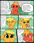 2012 angry applejack_(mlp) big_macintosh_(mlp) blonde_hair bodily_fluids brother_(lore) clothed clothing comic crying dialogue digital_media_(artwork) duo earth_pony english_text equid equine family female feral freckles friendship_is_magic fur green_eyes hair hasbro horse inside male mammal metal_(artist) my_little_pony orange_body orange_fur orange_hair plow_yoke pony protective red_body red_fur sibling_(lore) sister_(lore) tears text