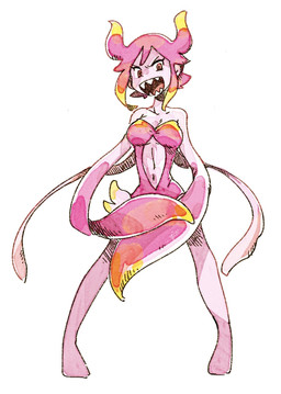 4_tentacles bare_shoulders belly_cutout breasts cleavage clothed clothing cutout female goo_hair leotard looking_at_viewer midriff navel open_mouth pink_body pink_pseudo_hair pseudo_hair red_eyes sharp_teeth simple_background solo strapless_clothing strapless_leotard teeth tentacle_arms under_boob white_background zunda omori_(game) marina_(omori) aquatic cephalopod goo_creature humanoid mollusk hi_res painting_(artwork) watercolor_(artwork)
